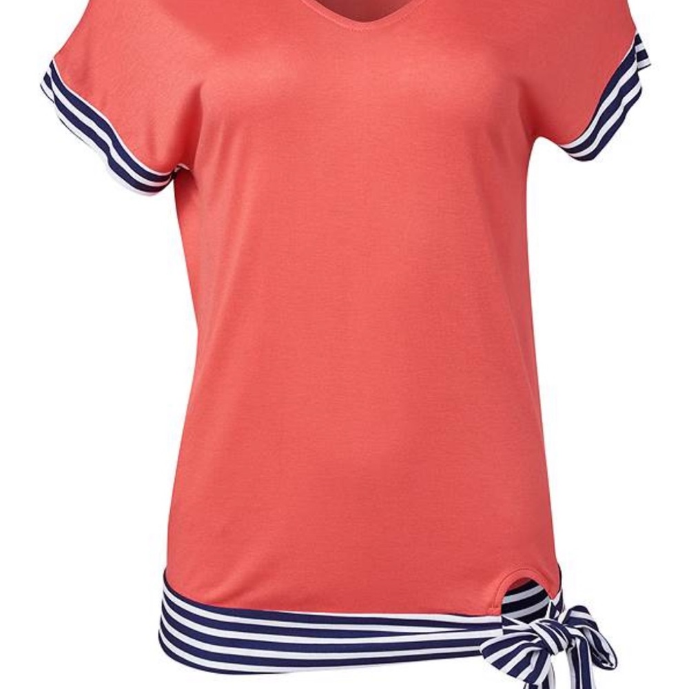 Venus orange coral short sleeve top w/ navy and white striped tie Sz Small
